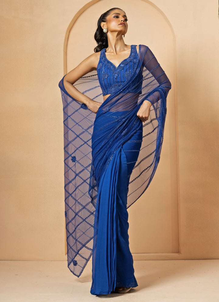 Blue Pre - Stitched and Draped Georgette Saree Quench A Thirst - Fabilicious Fashion