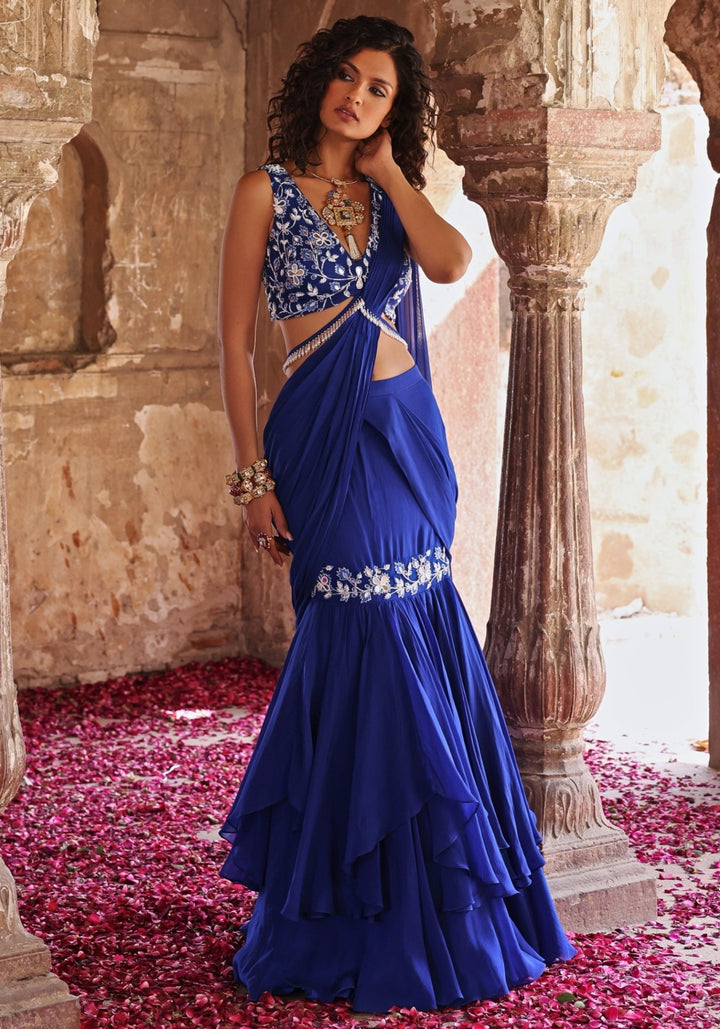 Blue Pre-stitched Asymmetric Saree set Seema Thukral - Fabilicious Fashion