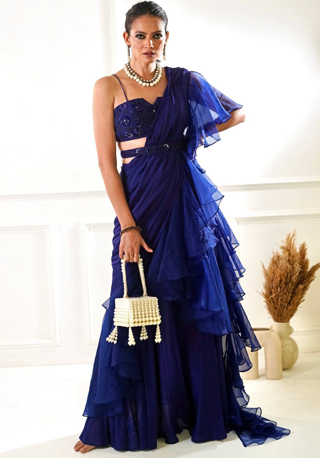 Blue Predraped Ruffle Saree - Ready to Ship Rashika Sharma - Fabilicious Fashion