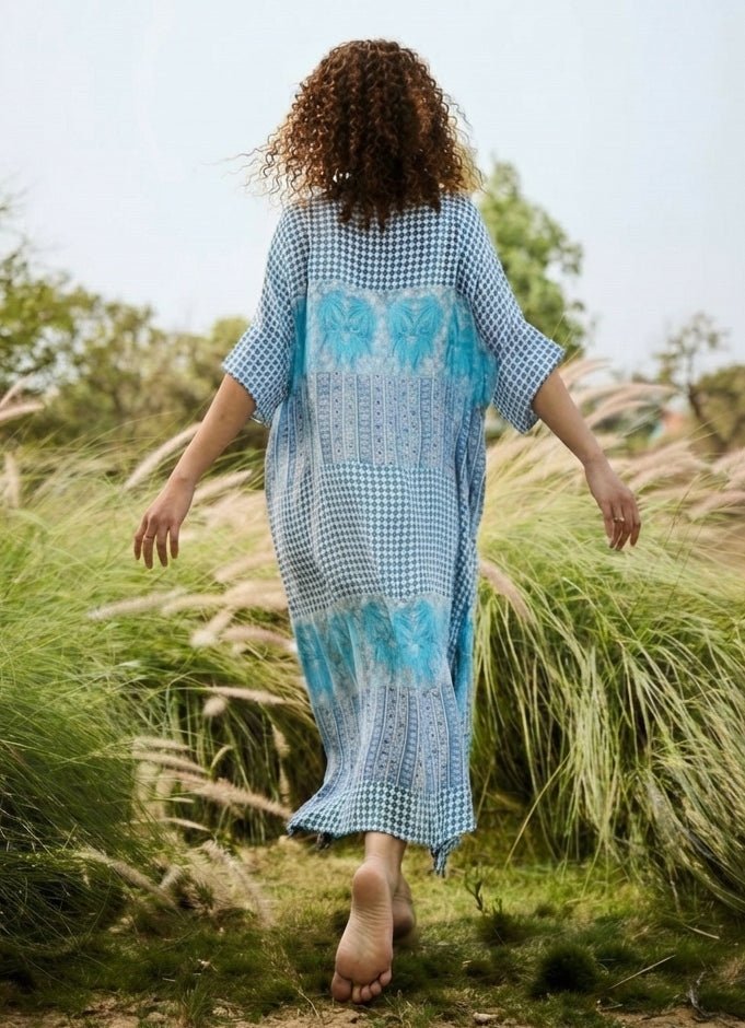 Blue Printed Chiffon Kaftan Basil Leaf - Fabilicious Fashion