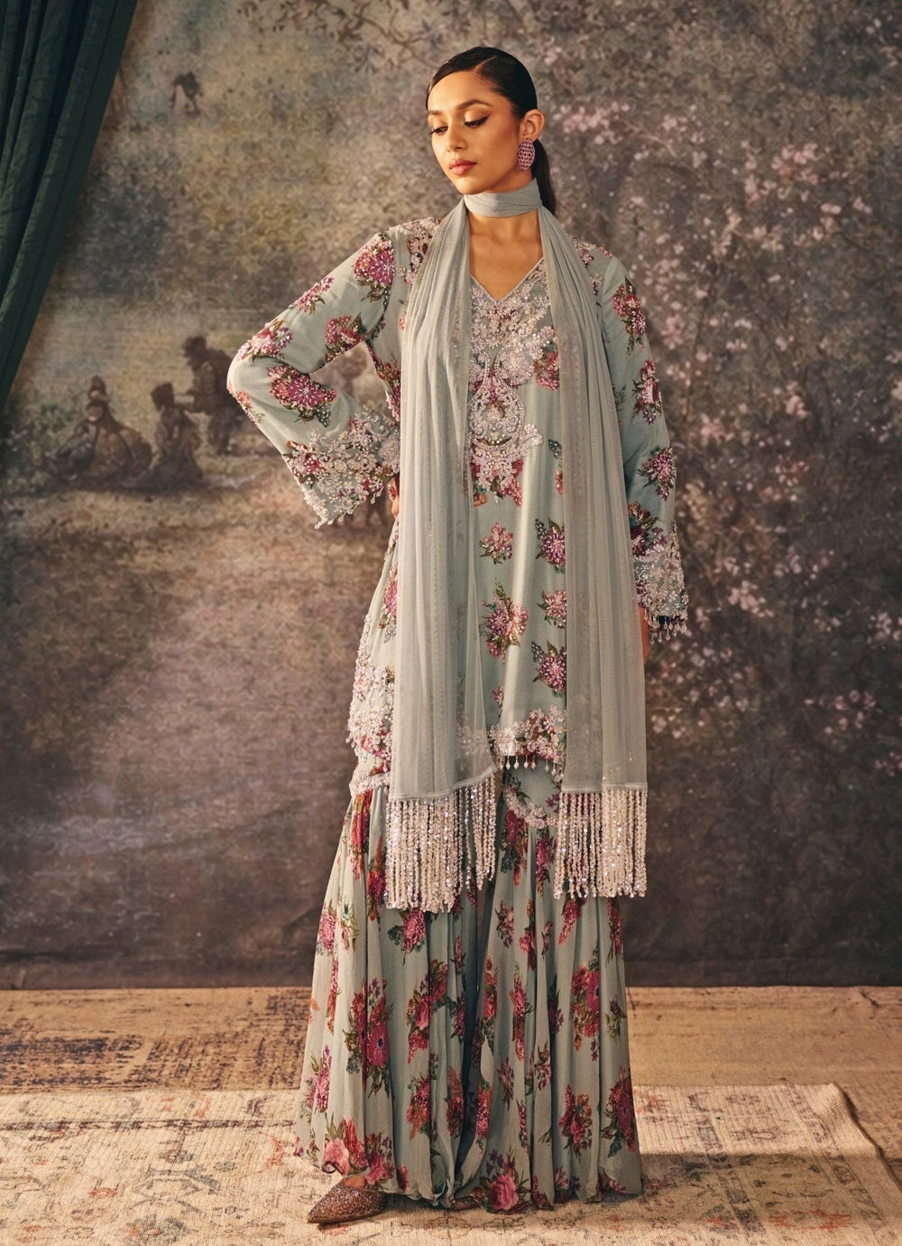 Blue Printed Chiffon Kurta Sharara Set Mani Bhatia - Fabilicious Fashion