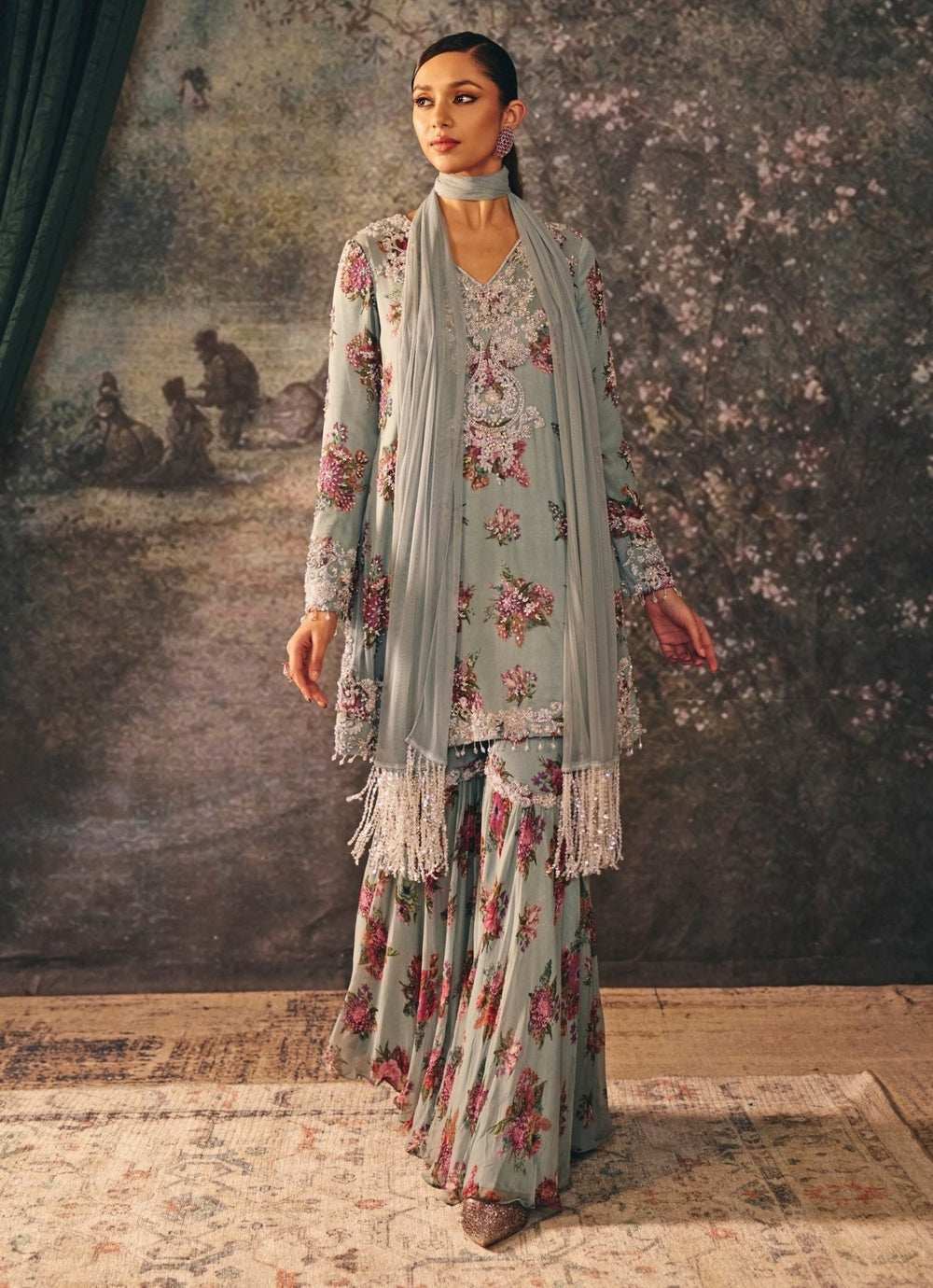 Blue Printed Chiffon Kurta Sharara Set Mani Bhatia - Fabilicious Fashion