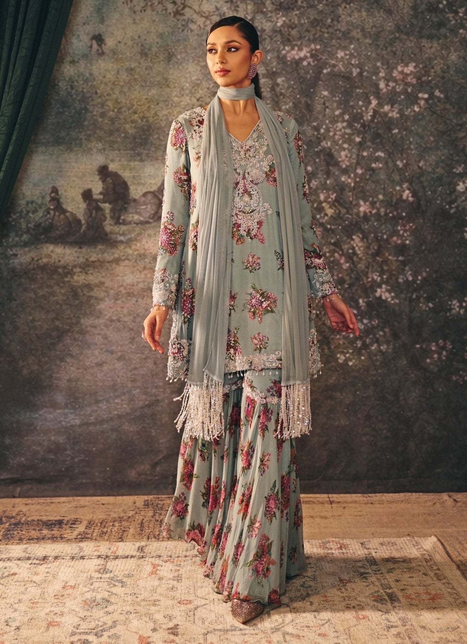 blue printed chiffon kurta sharara set for daytime nikaah guest
