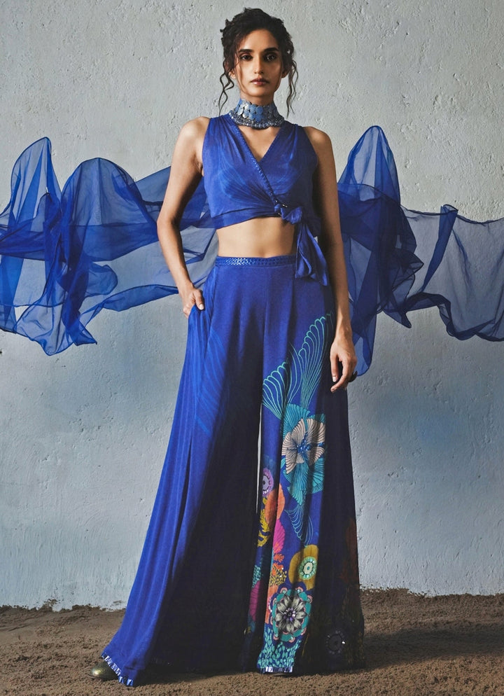 Blue Printed Chiffon Pants Set Basil Leaf - Fabilicious Fashion