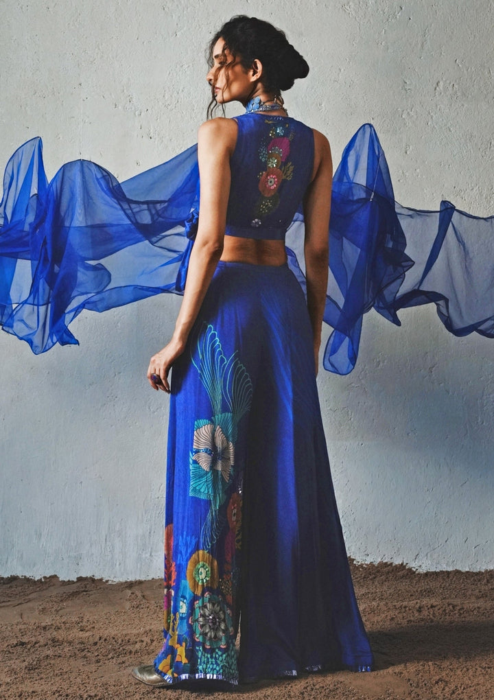 Blue Printed Chiffon Pants Set Basil Leaf - Fabilicious Fashion