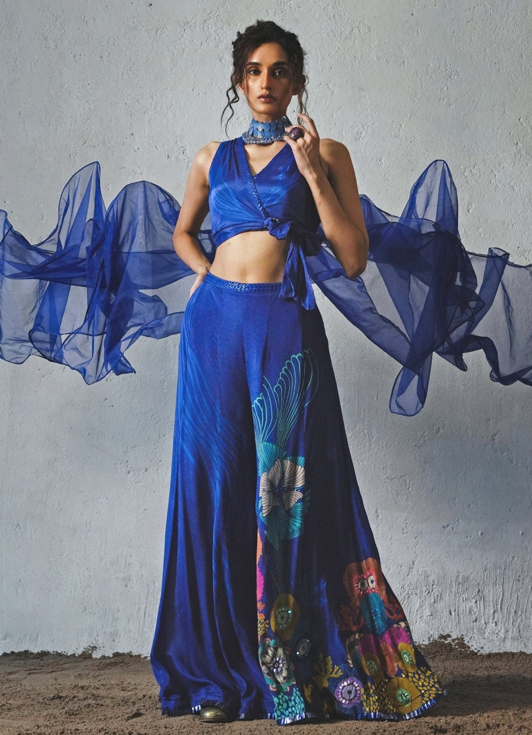 Blue Printed Chiffon Pants Set Basil Leaf - Fabilicious Fashion