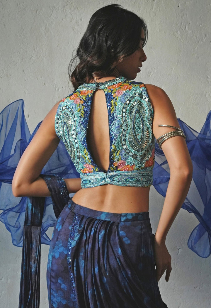 Blue Printed Chiffon Pre - Draped Saree Basil Leaf - Fabilicious Fashion