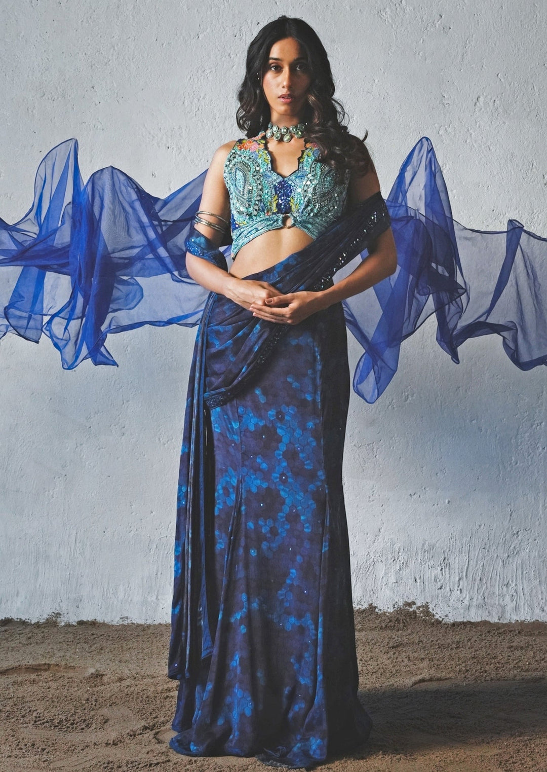 Blue Printed Chiffon Pre - Draped Saree Basil Leaf - Fabilicious Fashion