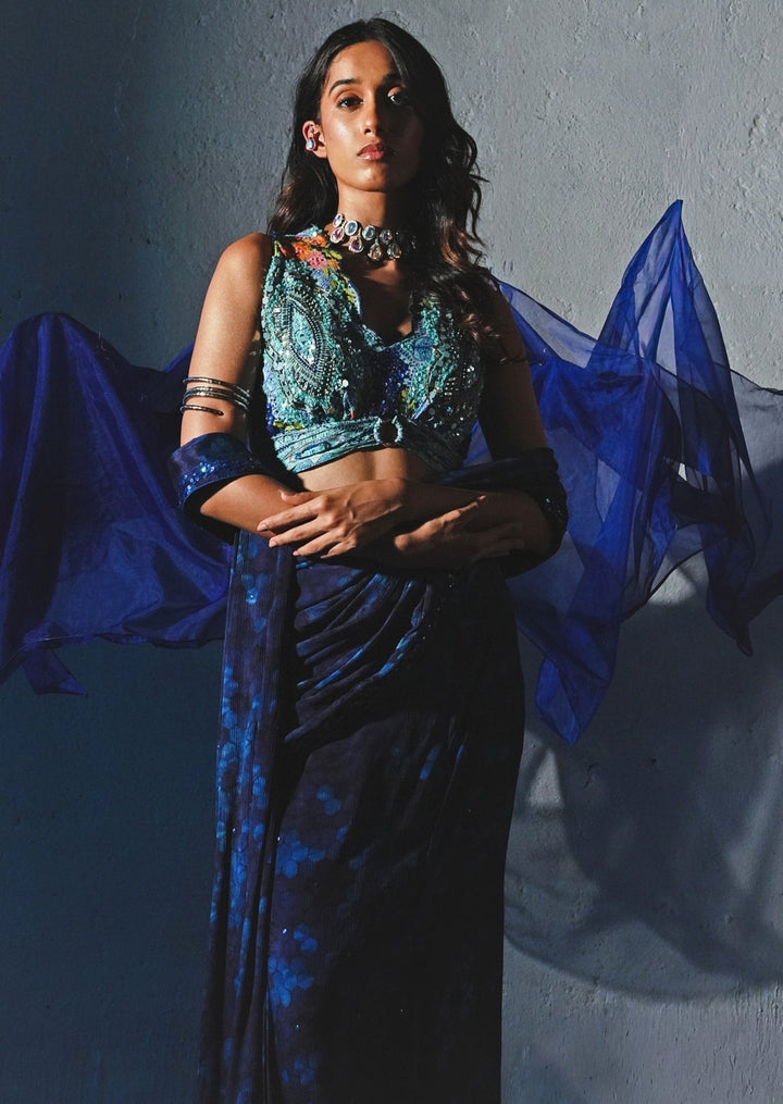 Blue Printed Chiffon Pre - Draped Saree Basil Leaf - Fabilicious Fashion