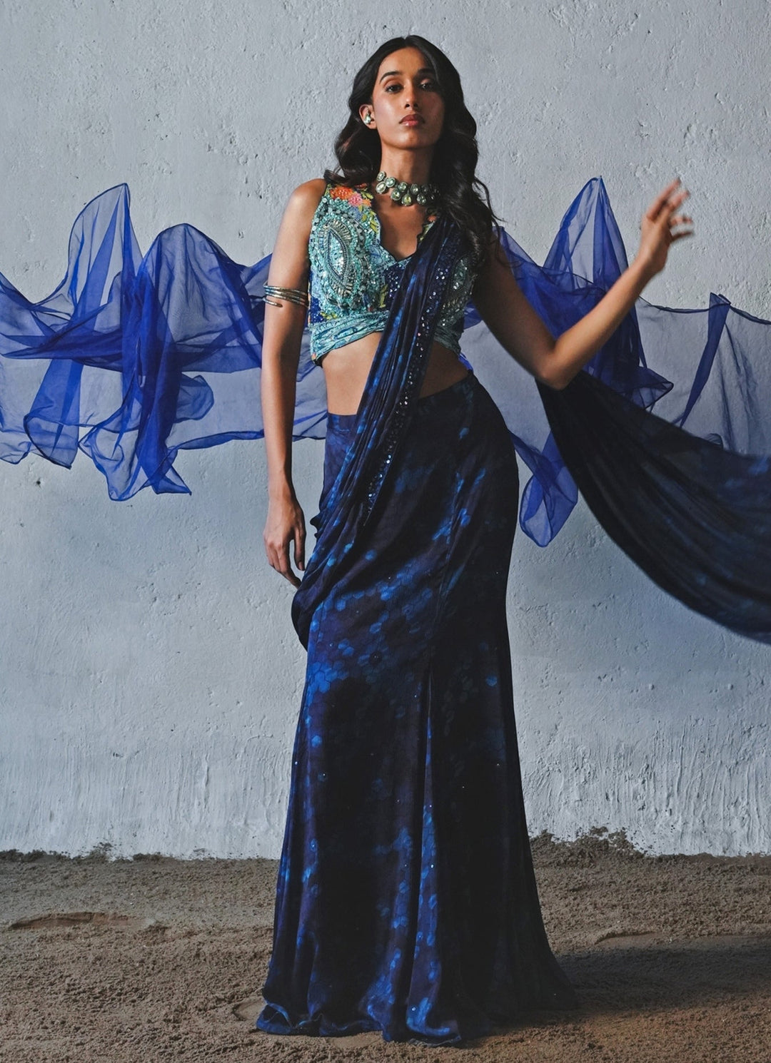 Blue Printed Chiffon Pre - Draped Saree Basil Leaf - Fabilicious Fashion