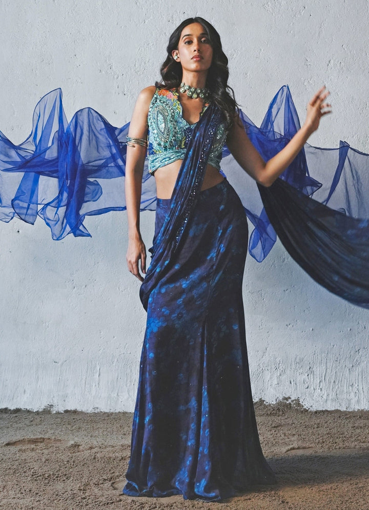 Blue Printed Chiffon Pre - Draped Saree Basil Leaf - Fabilicious Fashion