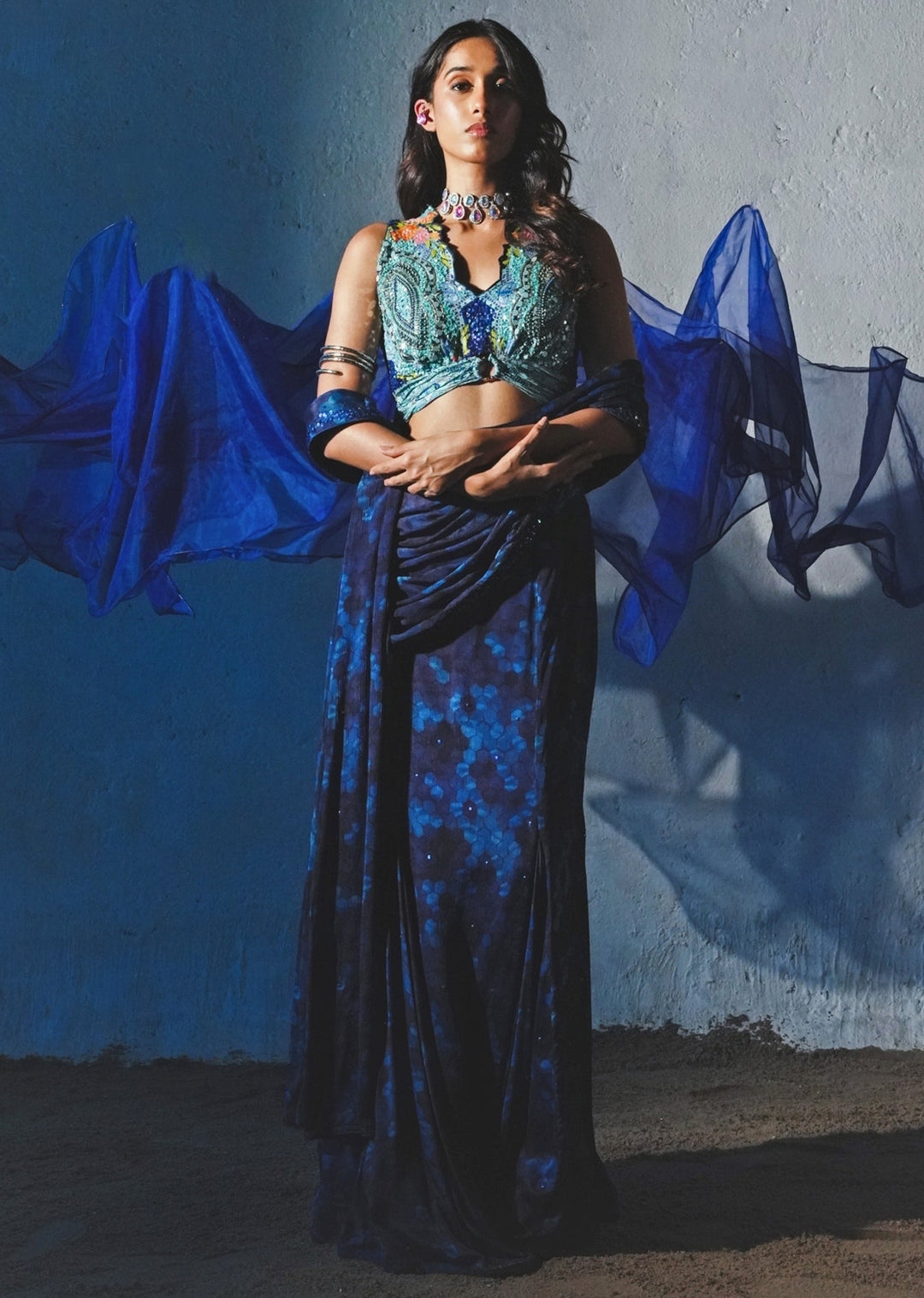 Blue Printed Chiffon Pre - Draped Saree Basil Leaf - Fabilicious Fashion