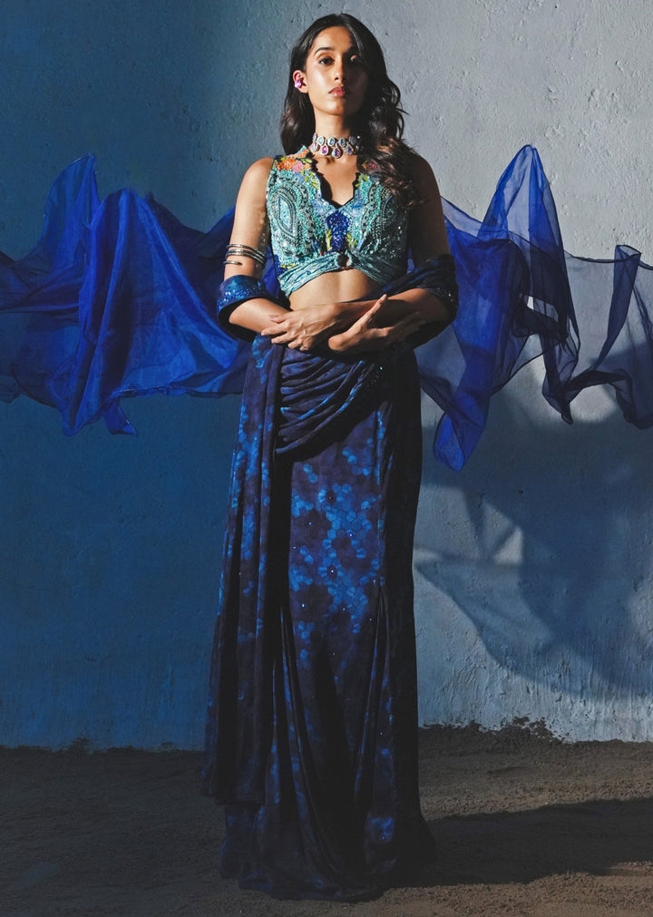 Blue Printed Chiffon Pre - Draped Saree Basil Leaf - Fabilicious Fashion