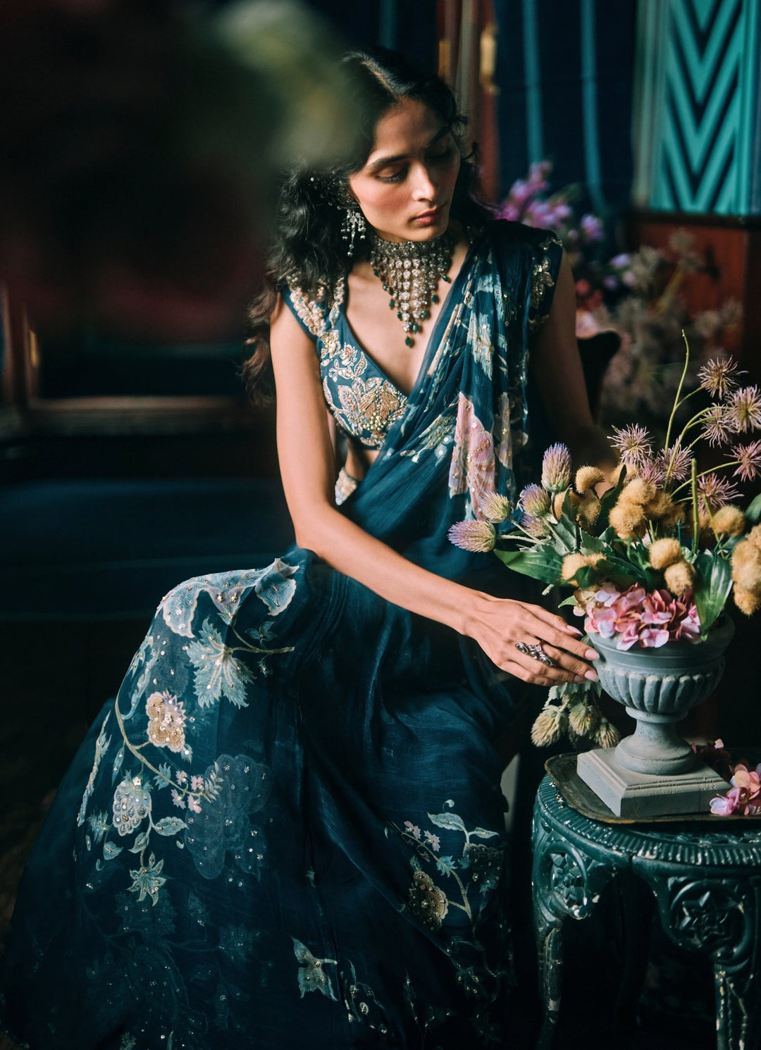 Paulmi and Harsh Blue Printed Chiffon Pre-Draped SareeFabilicious Fashion