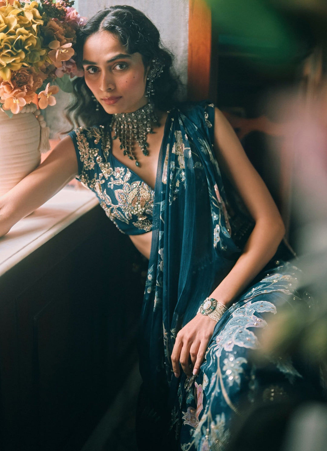 Paulmi and Harsh Blue Printed Chiffon Pre-Draped SareeFabilicious Fashion