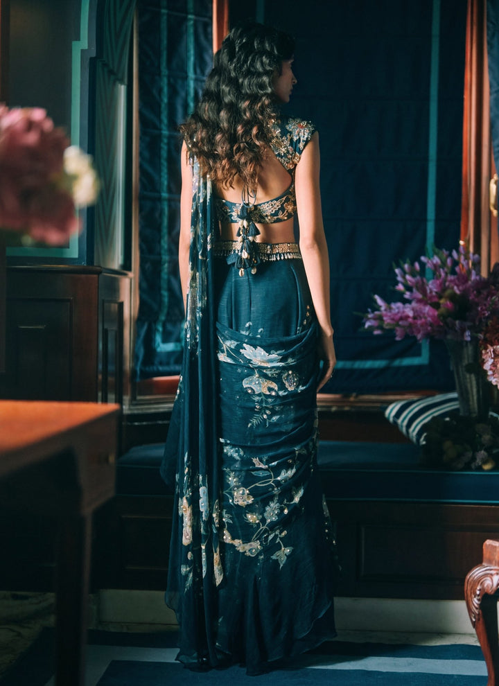 Paulmi and Harsh Blue Printed Chiffon Pre-Draped SareeFabilicious Fashion