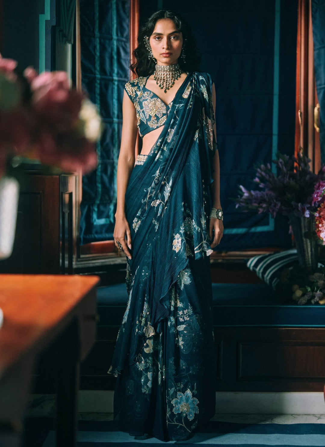 Paulmi and Harsh Blue Printed Chiffon Pre-Draped SareeFabilicious Fashion
