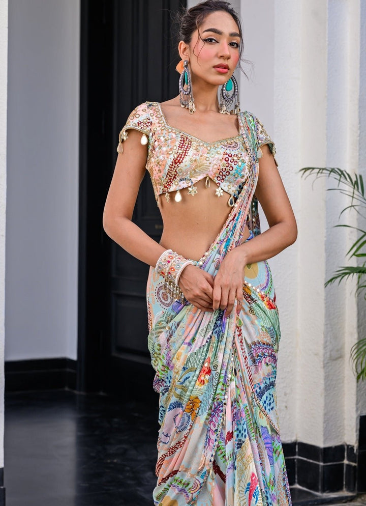 Blue Printed Chiffon Predraped Saree With Mirror Blouse Juhi Bengani - Fabilicious Fashion