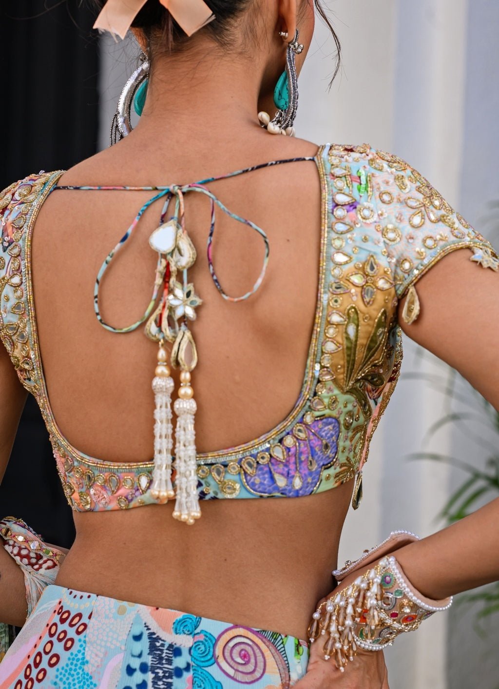 Blue Printed Chiffon Predraped Saree With Mirror Blouse Juhi Bengani - Fabilicious Fashion
