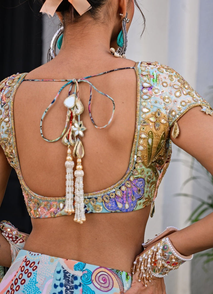 Blue Printed Chiffon Predraped Saree With Mirror Blouse Juhi Bengani - Fabilicious Fashion