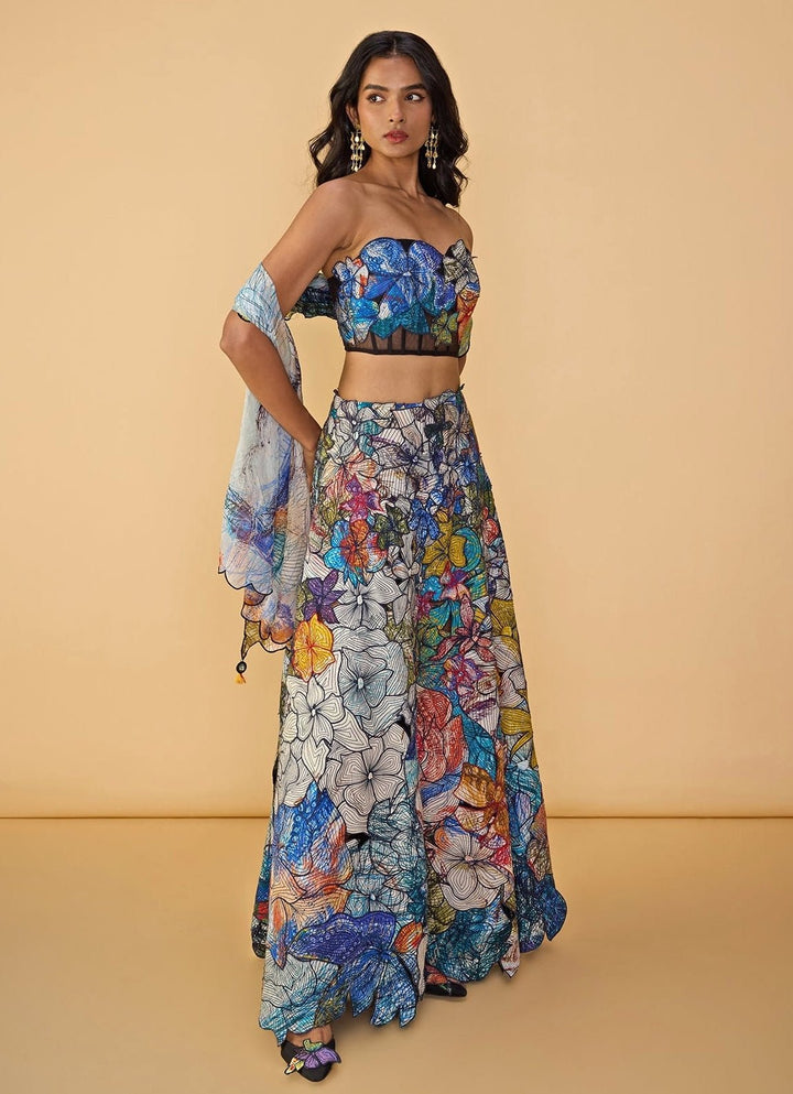 Blue Printed Corset Lehenga Set Saaksha &amp; Kinni - Fabilicious Fashion