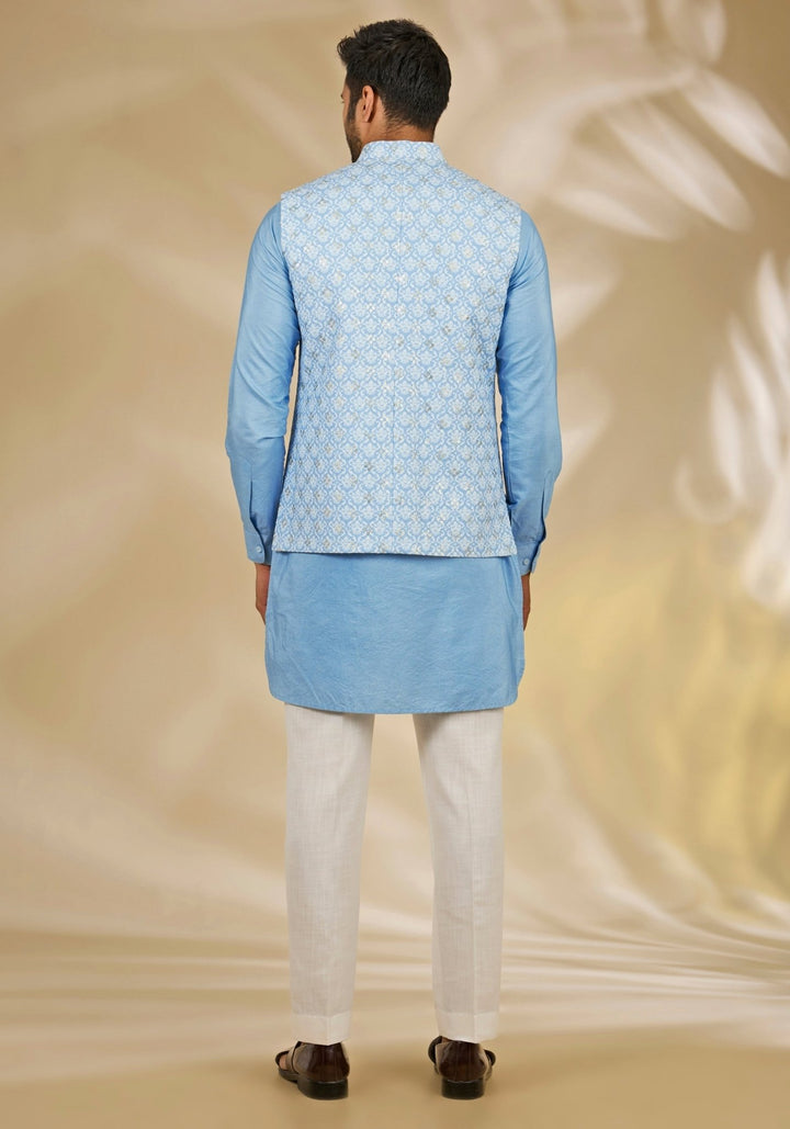Blue Printed Cotton Silk Bundi Set Manish Nagdeo - Fabilicious Fashion