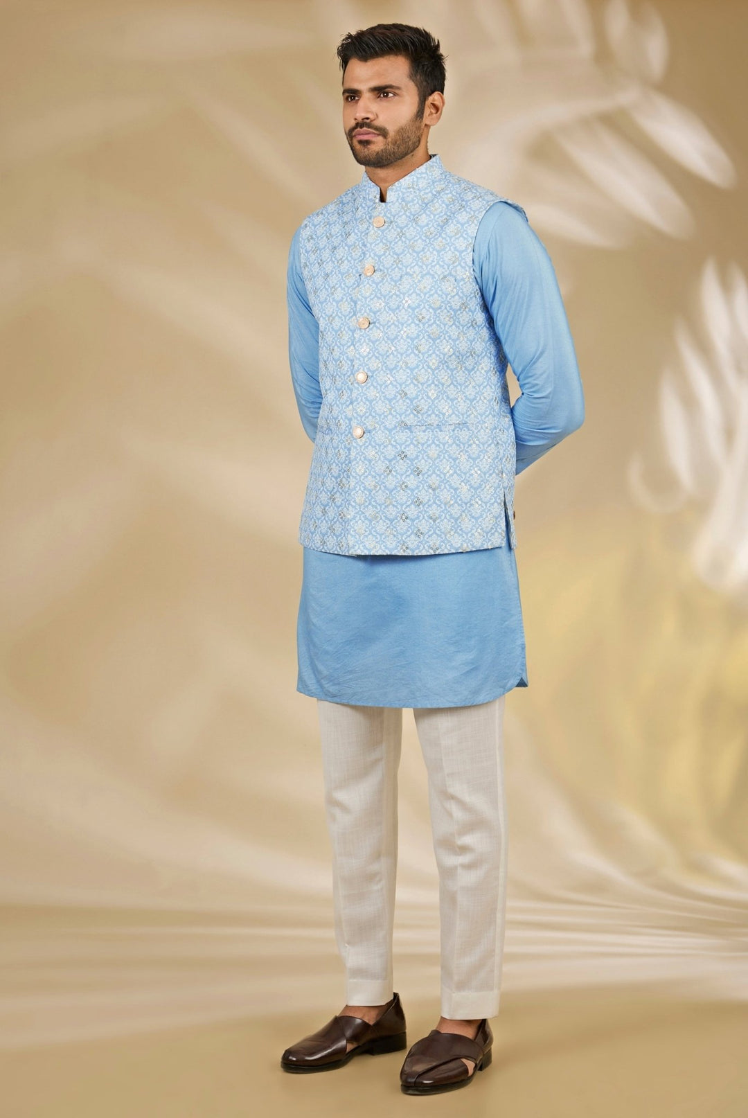 Blue Printed Cotton Silk Bundi Set Manish Nagdeo - Fabilicious Fashion