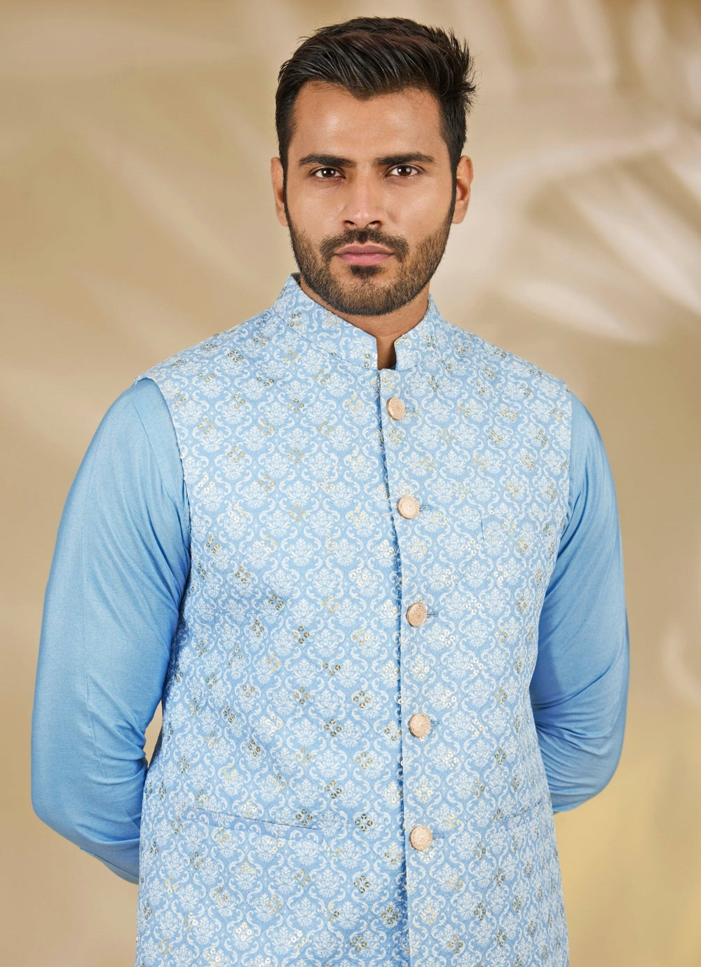 Blue Printed Cotton Silk Bundi Set Manish Nagdeo - Fabilicious Fashion