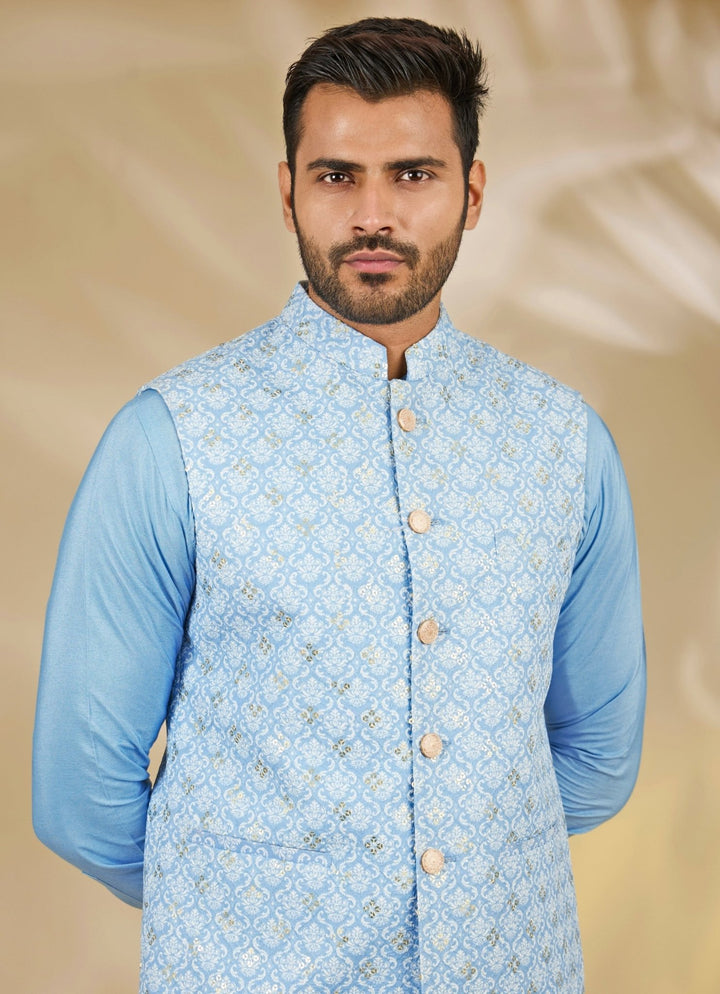 Blue Printed Cotton Silk Bundi Set Manish Nagdeo - Fabilicious Fashion