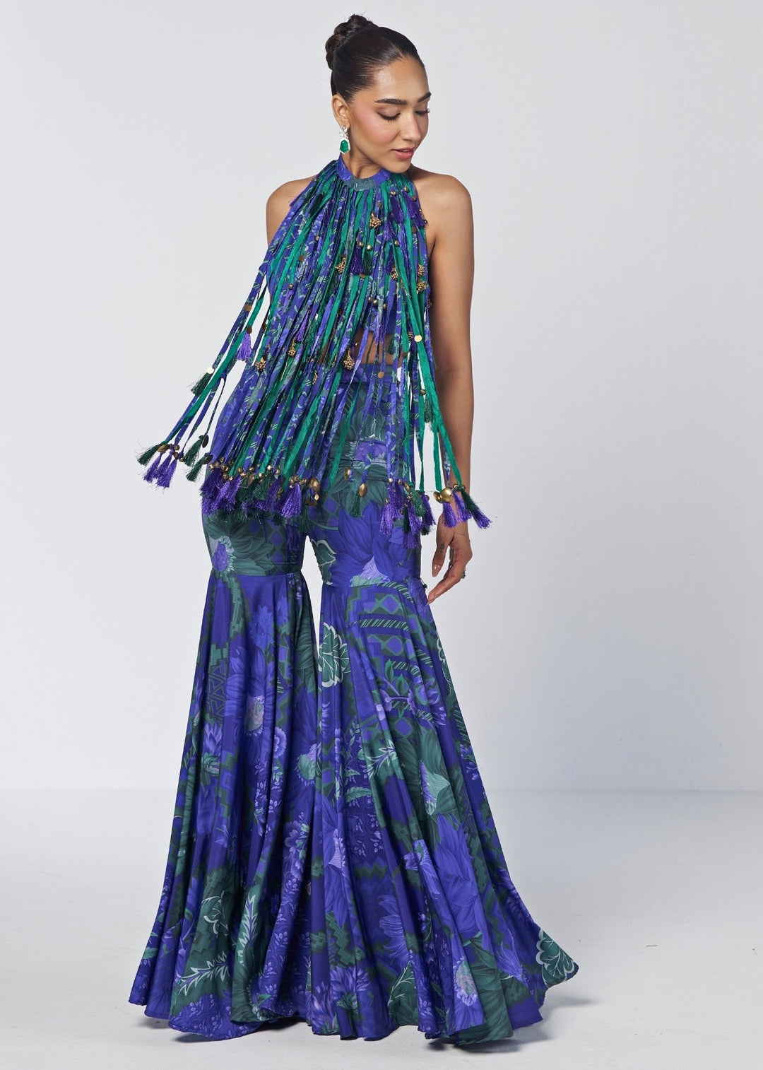 Rishi and Vibhuti Blue Printed Crepe Blouse Sharara Set With Tasselled CollarFabilicious Fashion