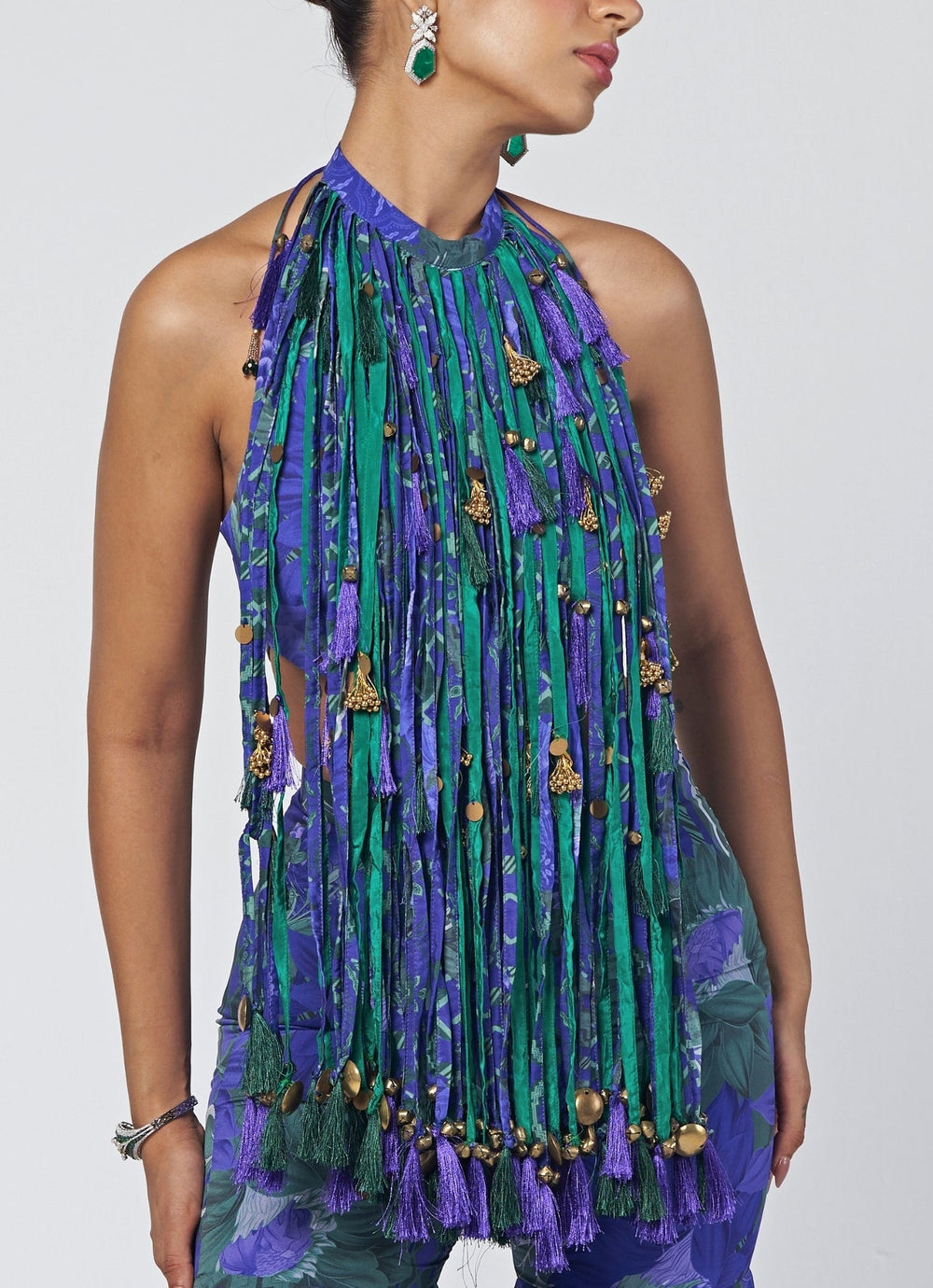 Rishi and Vibhuti Blue Printed Crepe Blouse Sharara Set With Tasselled CollarFabilicious Fashion