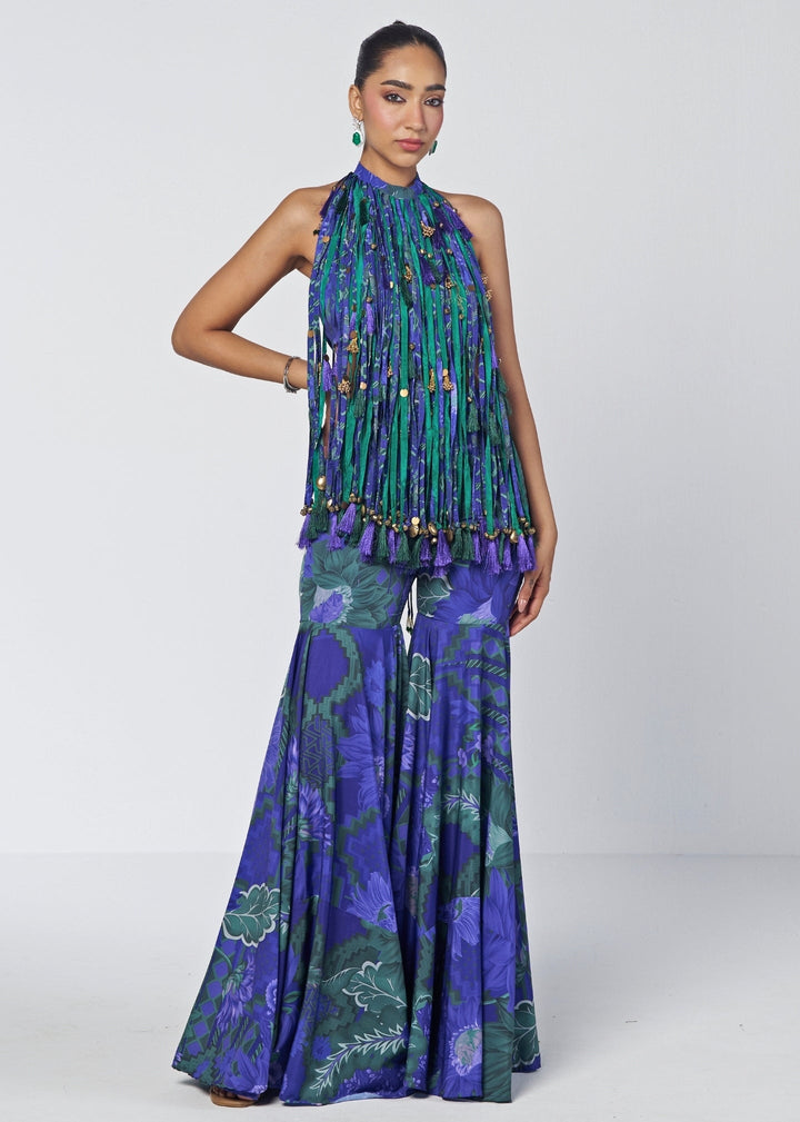 Rishi and Vibhuti Blue Printed Crepe Blouse Sharara Set With Tasselled CollarFabilicious Fashion