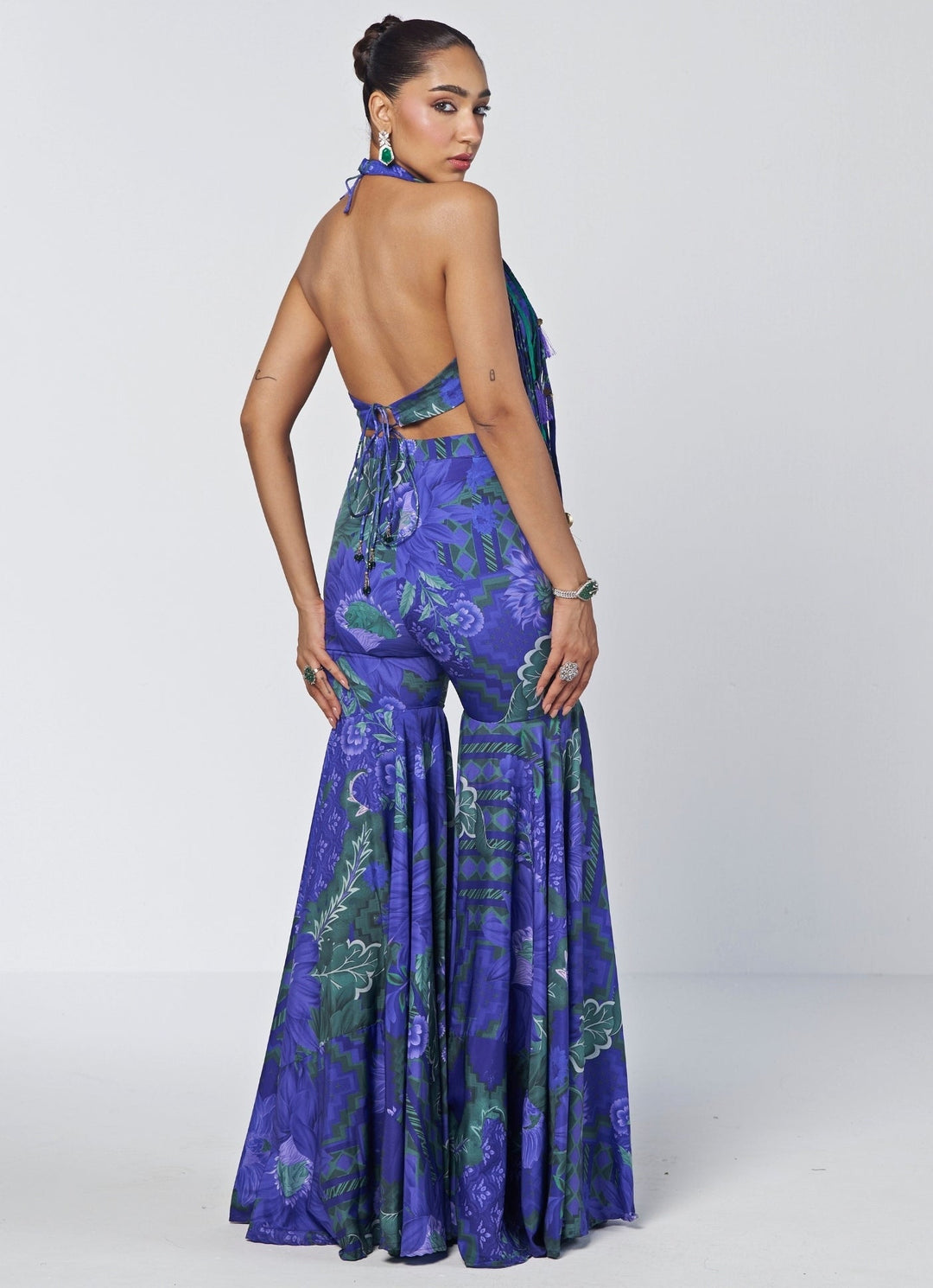 Rishi and Vibhuti Blue Printed Crepe Blouse Sharara Set With Tasselled CollarFabilicious Fashion