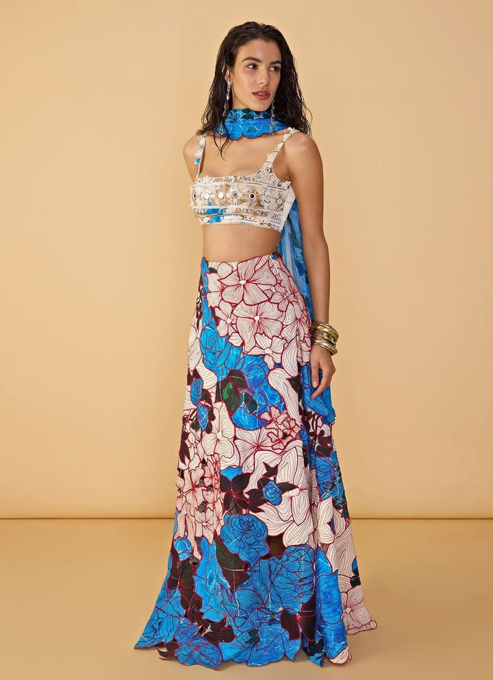 Blue Printed Crepe Bustier Lehenga Set Saaksha &amp; Kinni - Fabilicious Fashion
