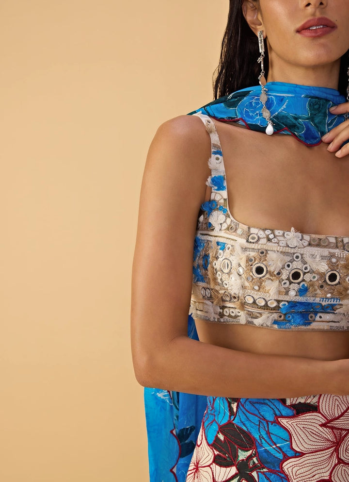 Blue Printed Crepe Bustier Lehenga Set Saaksha &amp; Kinni - Fabilicious Fashion