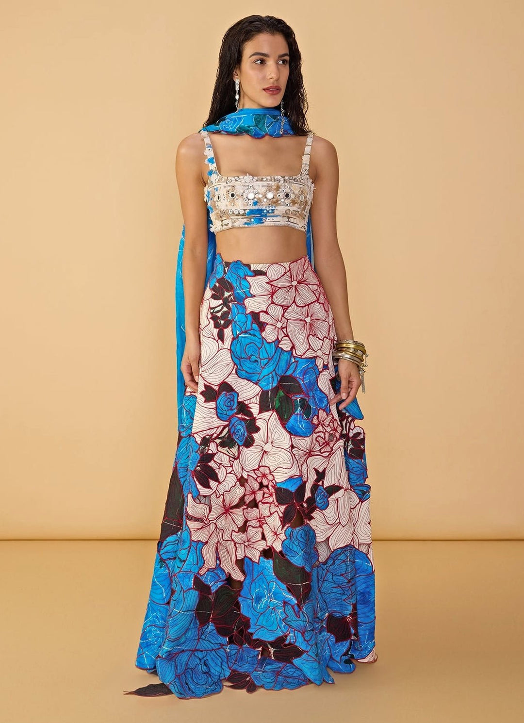Blue Printed Crepe Bustier Lehenga Set Saaksha &amp; Kinni - Fabilicious Fashion