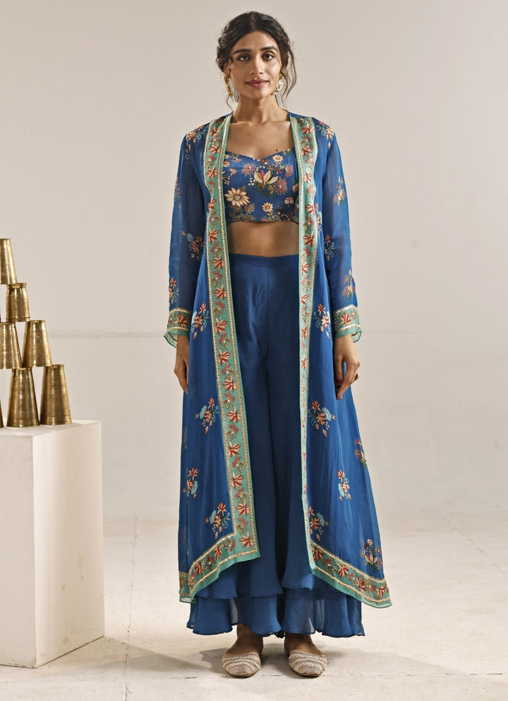 Blue Printed Crepe Co - Ord Set With Cape Soup by Sougat Paul - Fabilicious Fashion