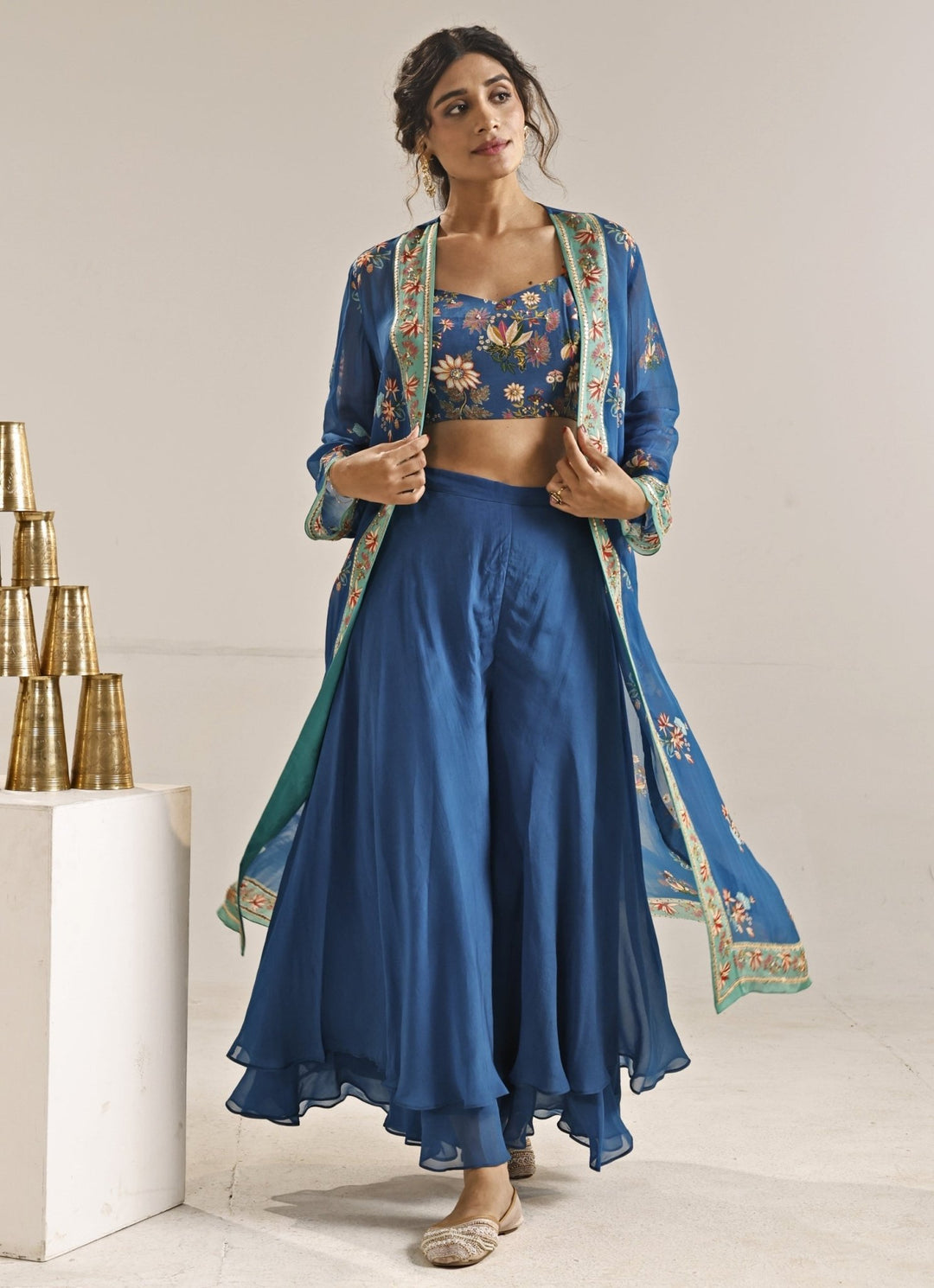 Blue Printed Crepe Co - Ord Set With Cape Soup by Sougat Paul - Fabilicious Fashion