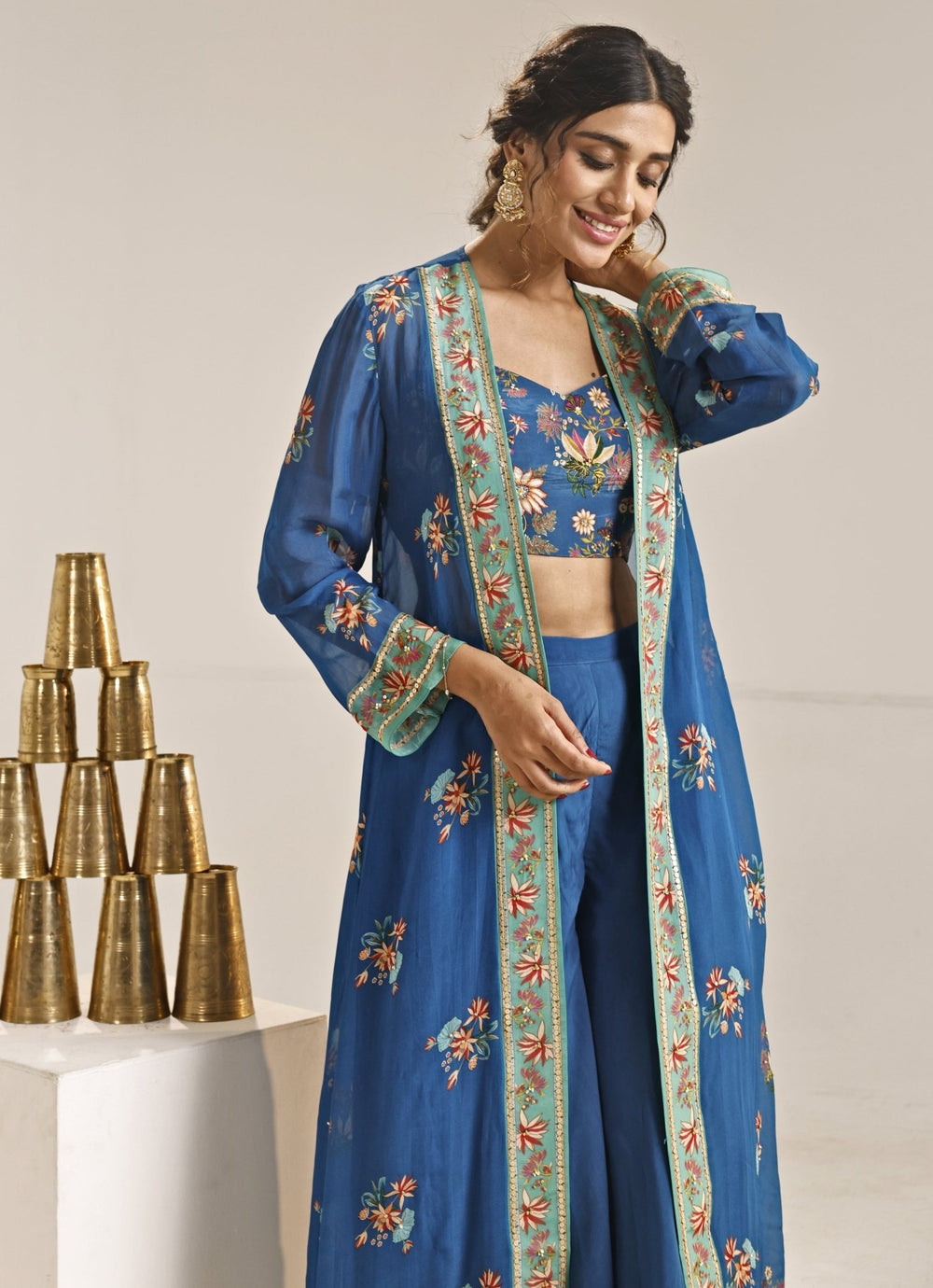 Blue Printed Crepe Co - Ord Set With Cape Soup by Sougat Paul - Fabilicious Fashion