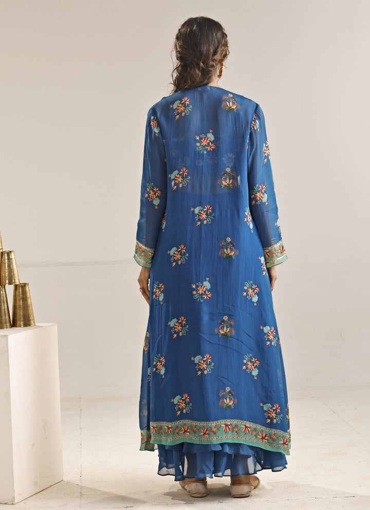 Blue Printed Crepe Co - Ord Set With Cape Soup by Sougat Paul - Fabilicious Fashion