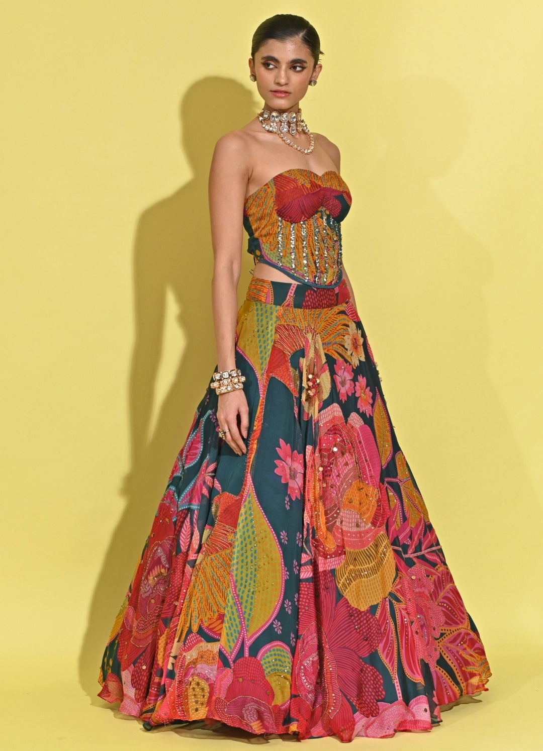 Rishi And Vibhuti Blue Printed Crepe Corset Lehenga SetFabilicious Fashion