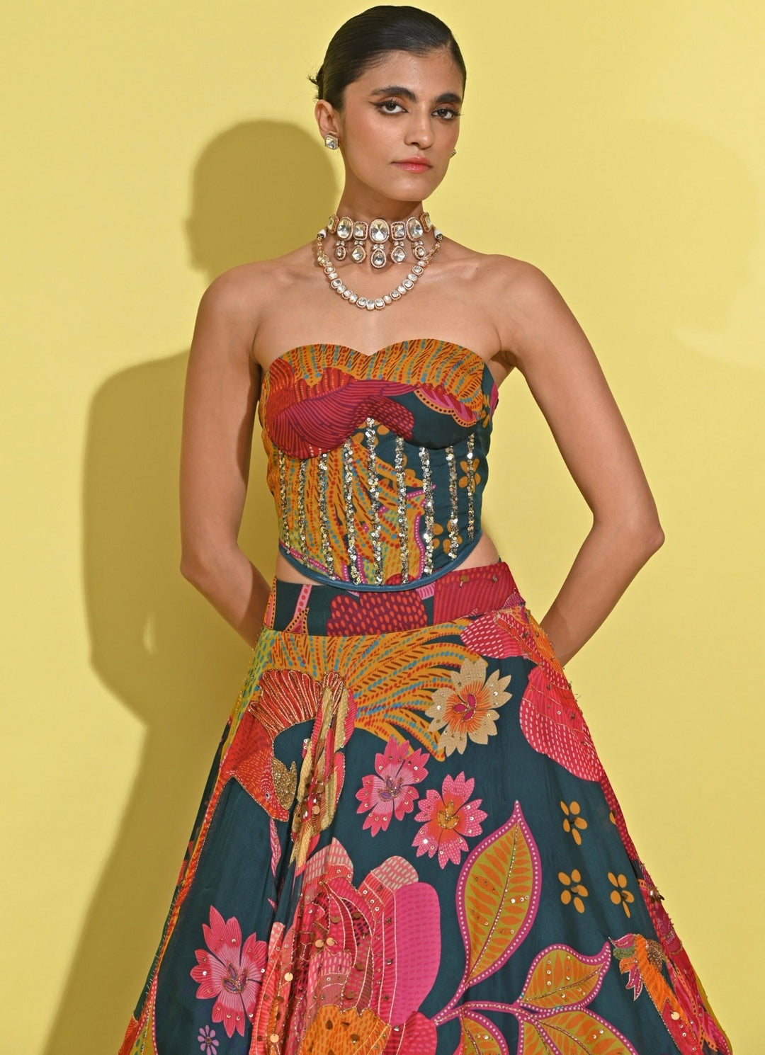 Rishi And Vibhuti Blue Printed Crepe Corset Lehenga SetFabilicious Fashion