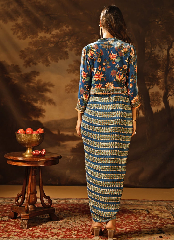 Blue Printed Crepe Drape Dress With Jacket Soup by Sougat Paul - Fabilicious Fashion