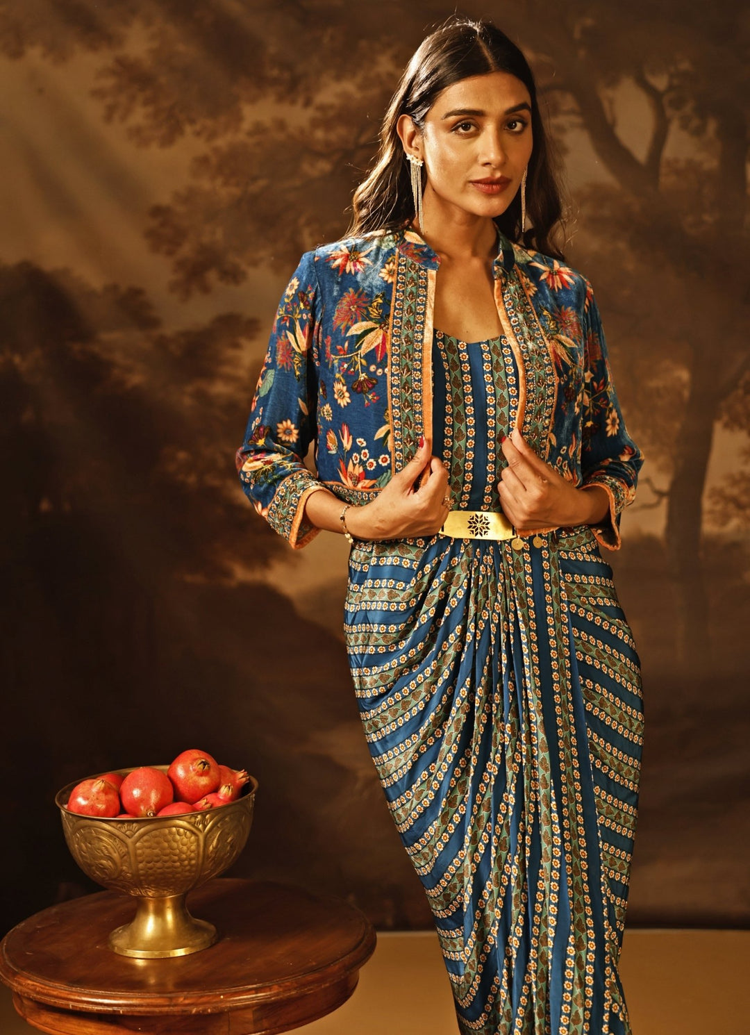 Blue Printed Crepe Drape Dress With Jacket Soup by Sougat Paul - Fabilicious Fashion