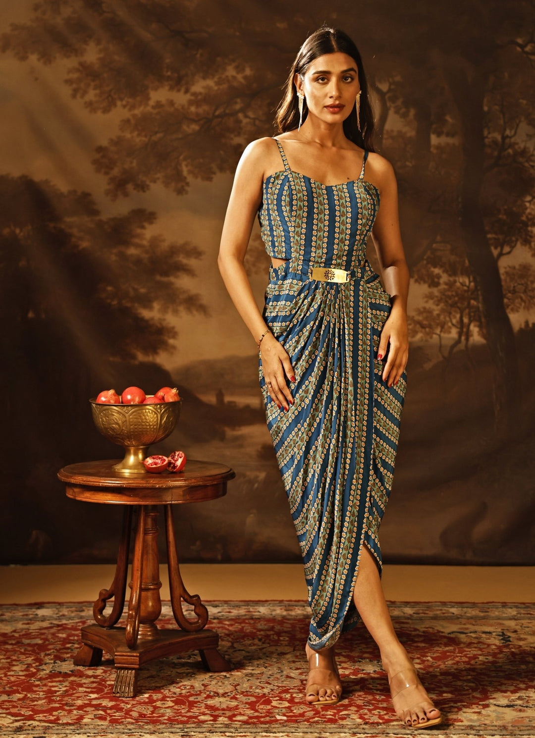 Blue Printed Crepe Drape Dress With Jacket Soup by Sougat Paul - Fabilicious Fashion