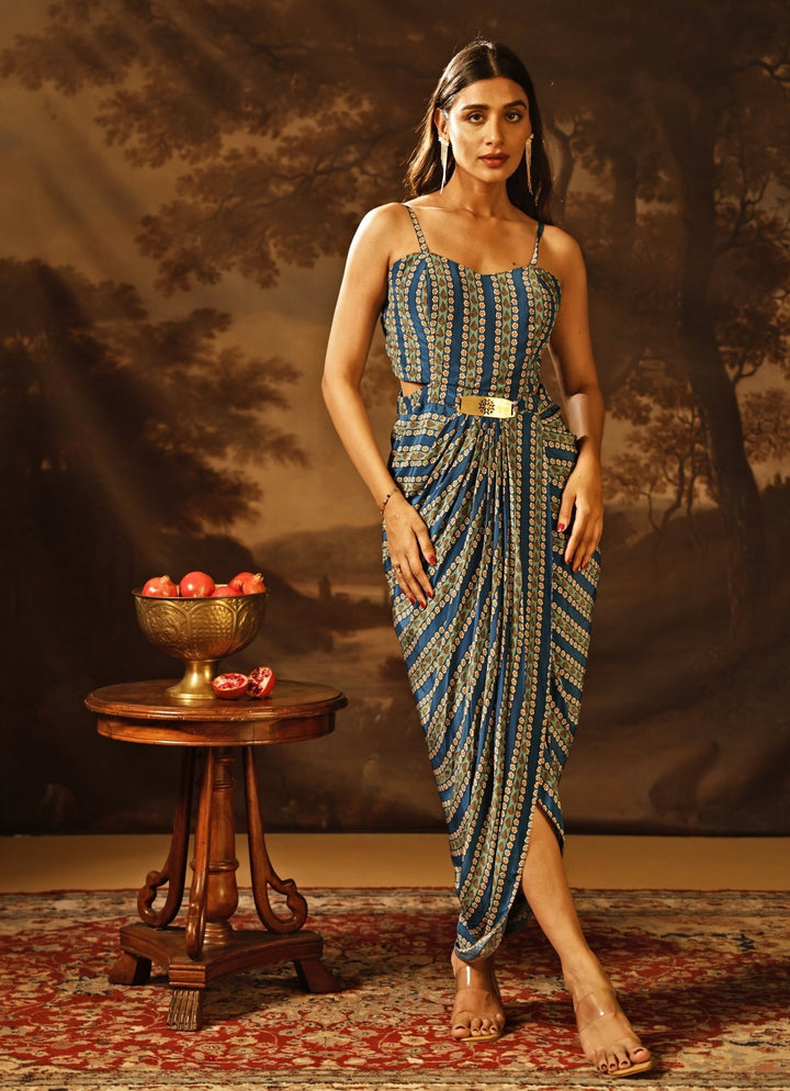 Blue Printed Crepe Drape Dress With Jacket Soup by Sougat Paul - Fabilicious Fashion
