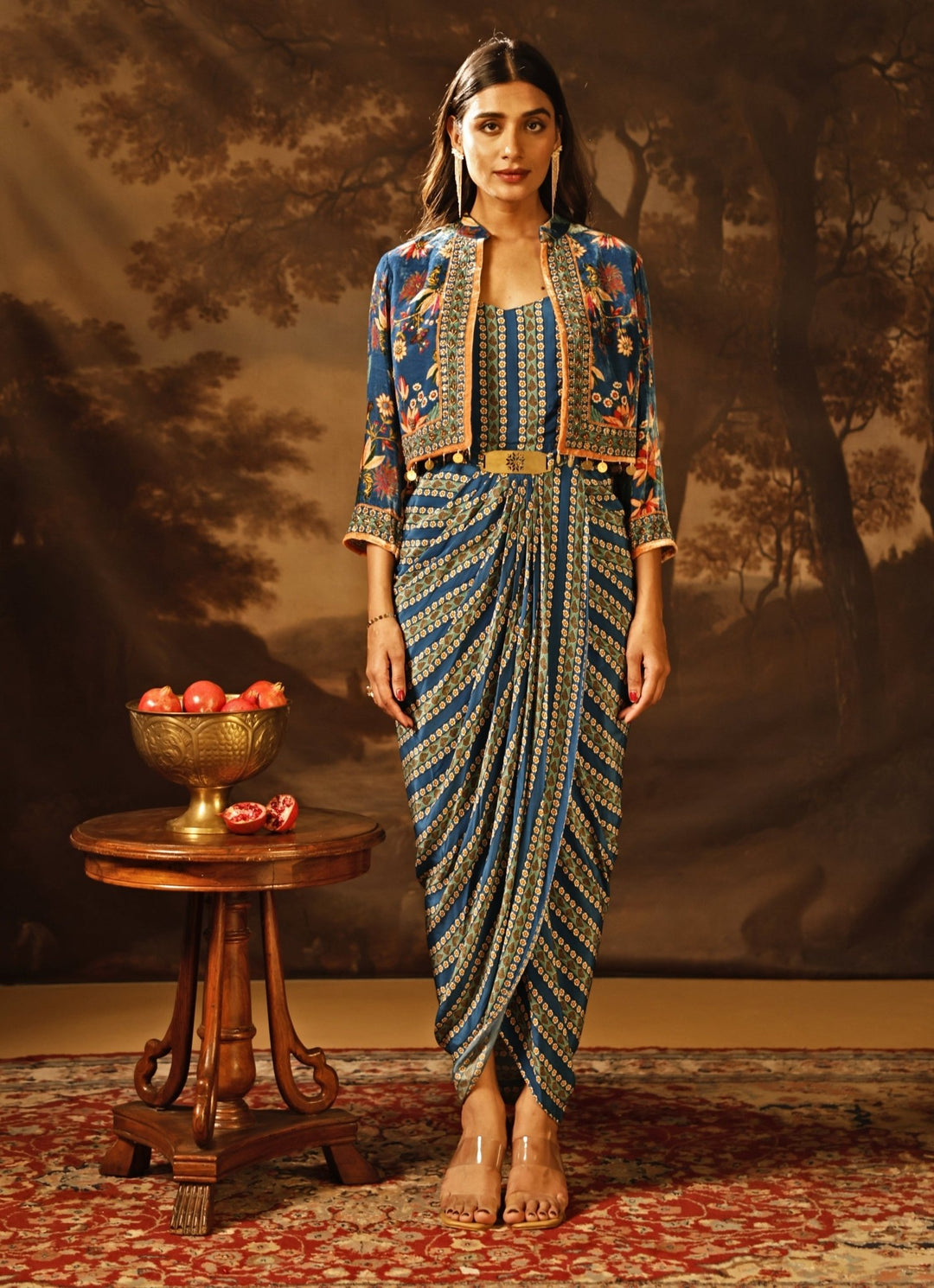 Blue Printed Crepe Drape Dress With Jacket Soup by Sougat Paul - Fabilicious Fashion