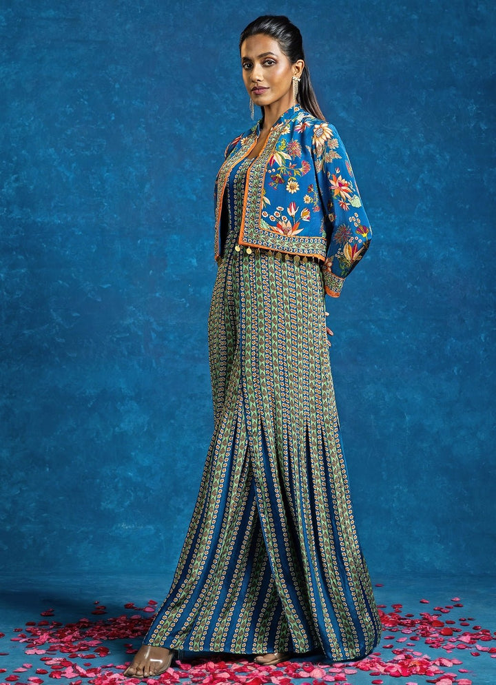 Blue Printed Crepe Flared Jumpsuit With Jacket Soup by Sougat Paul - Fabilicious Fashion