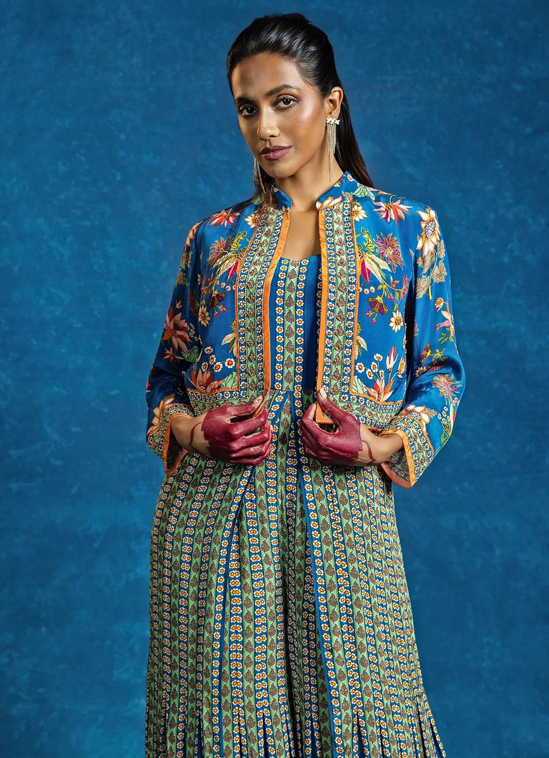 Blue Printed Crepe Flared Jumpsuit With Jacket Soup by Sougat Paul - Fabilicious Fashion