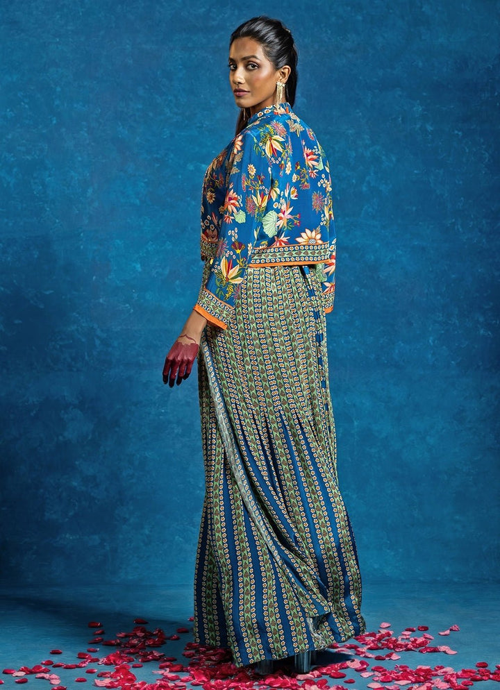 Blue Printed Crepe Flared Jumpsuit With Jacket Soup by Sougat Paul - Fabilicious Fashion